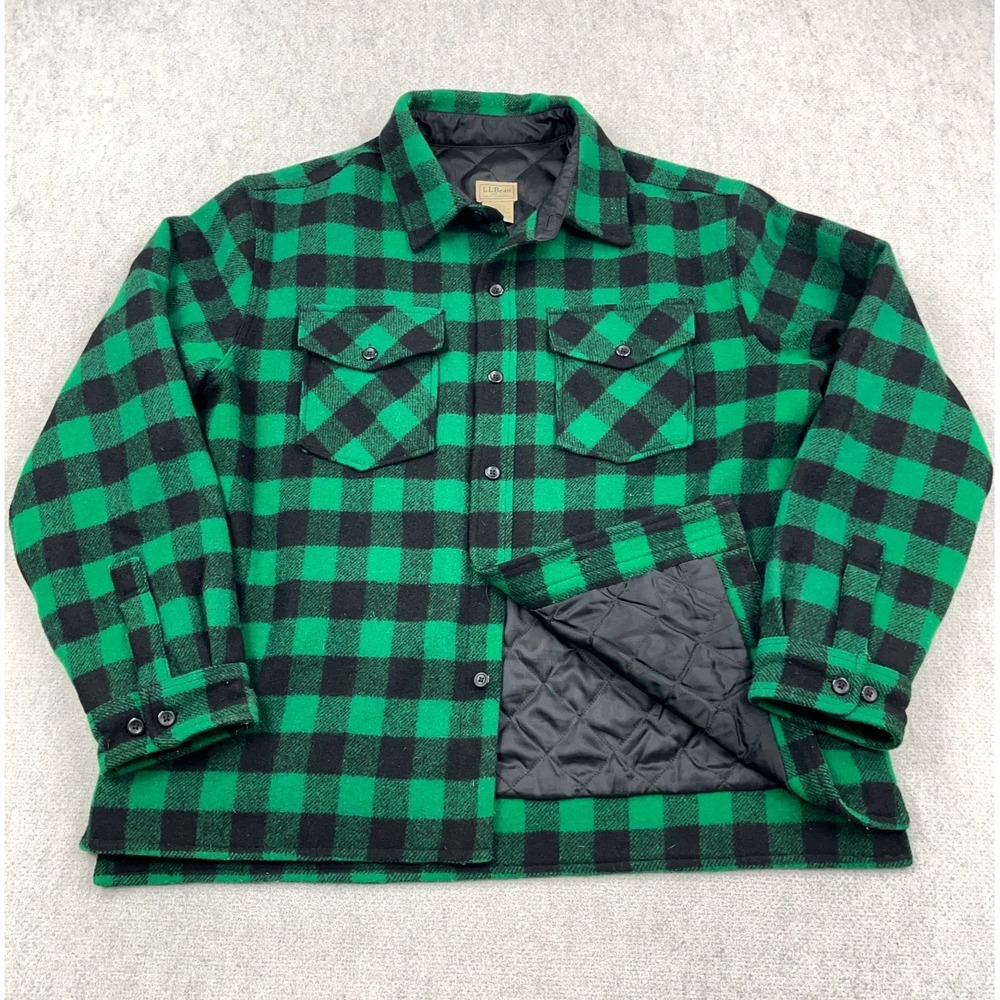 LL Bean Shirt Jacket Men XL Green Black Buffalo Plaid Wool Blanket Lined Shacket